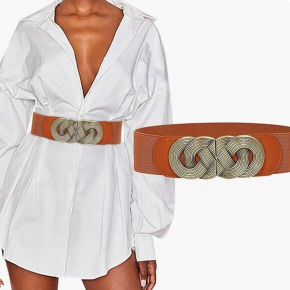 Brown Stretch Waist Belt with Ornate Bronze Detail - Picture 2 of 3